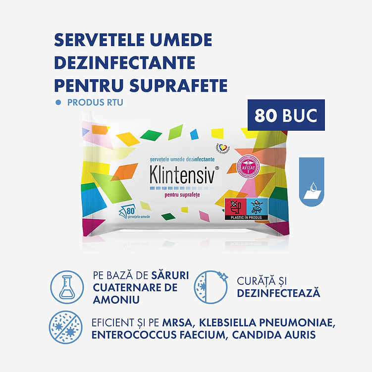Servetele umede dezinfectante,Klintensiv, fara alcool, pentru suprafete, 80 bucati